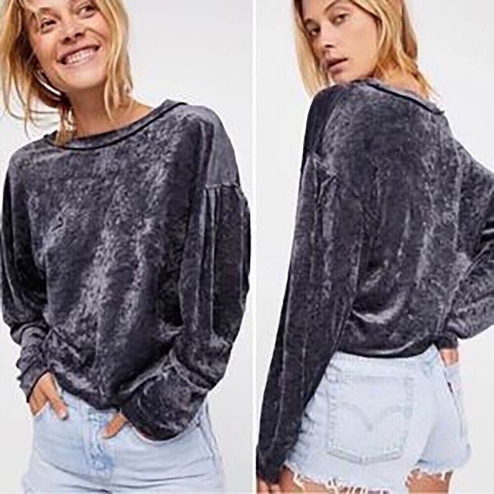 Free People Womens Milan Sweatshirt Sz Small Gray Crushed Velvet Pullover Top